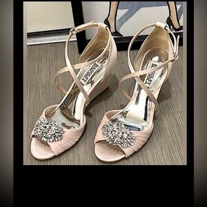 Badgley Mischka Tacey wedge heels Satin jeweled in blush pink color Size 6 NWT